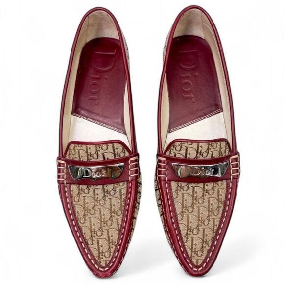 Christian DIOR Beige Dior Canvas and Red Lambskin Leather Loafers Size 3… - Picture 1 of 12